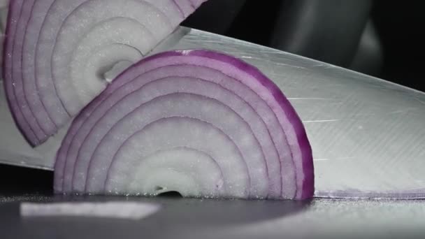 Closeup View Man Hands Cut Red Onion Slices Knife Red — Stock Video