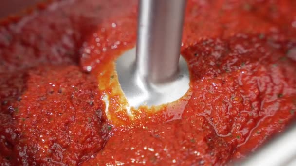 准备美味的沙司酱 番茄酱和蔬菜用搅拌机搅拌 — 图库视频影像