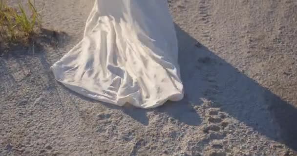 Schöne Braut Mit Langer Schleppe Elegantes Weißes Kleid Hochzeitstag Der — Stockvideo