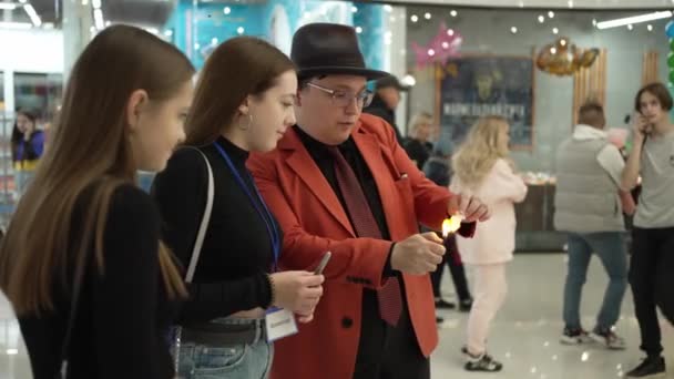 Male Illusionist Magician Shows Tricks Fire — Stock Video