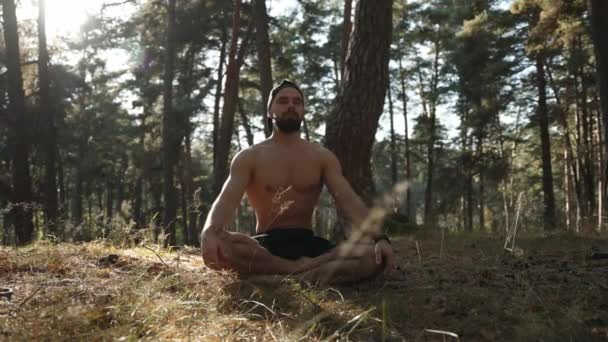Atletický Mladý Muž Medituje Lese Přírodě Věnuje Meditaci Jógy Dechová — Stock video
