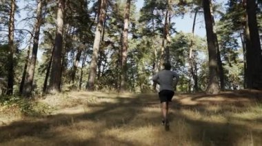 Bir yaz günü orman yolunda koşan bir sporcunun yavaş hareketi. Sağlıklı açık hava yaşam tarzı ve spor eğitimi kavramı.