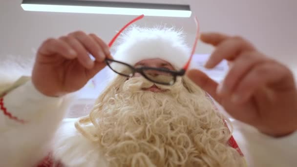 Santa Claus Wears Dark Glasses His Eyes — Stockvideo