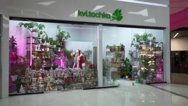 Санта Запрошує Клієнтів Сувенірної Крамниці Купити Різдвяні Прикраси Квіти Свято — стокове відео