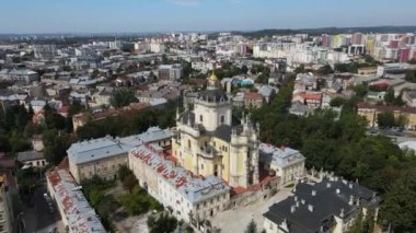 Aerial shot The city of Lviv. Temple of st.Architectural cathedral of Saint Jur. Ukraine. High quality 4k footage