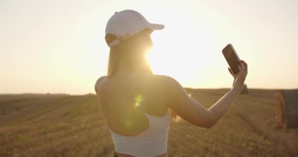 Young Pretty Girl Walks Nature Summer Takes Photo Herself Phone — Video