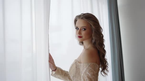 Beautiful Young Bride Posing White Dress Standing Window — Stockvideo