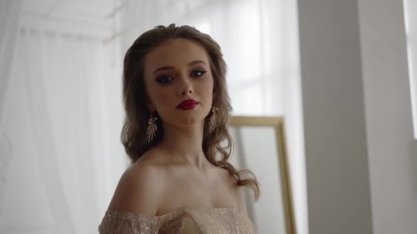 Joyful Young Pretty Girl Standing Window Room Luxurious Dress Bright — Stock videók