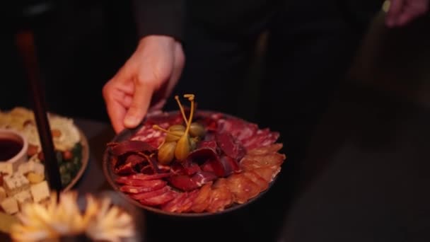 Waiter Serves Restaurant Visitors Putting Delicious Dishes Table — Vídeos de Stock