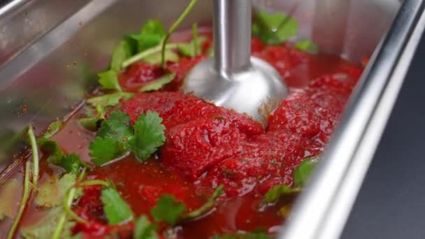 Sauce Preparation Process Chef Whips Tomatoes Parsley Red Pepper Blender — Wideo stockowe