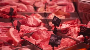 Süpermarket tezgahında et. Kıyma ve domuz eti metal kaplarda seriliydi. Et satışı.