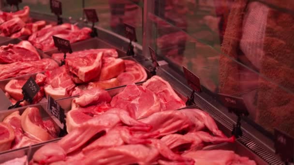 People Choose Fresh Meat Fillets Cooking Supermarket Shelves — Stockvideo