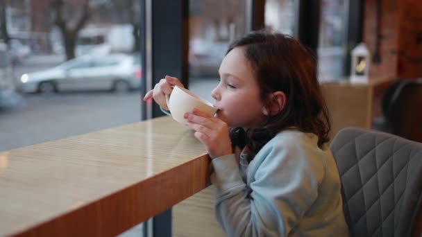 Küçük Bir Çocuk Rahat Bir Kafede Kahvaltı Çok Güzel Bir — Stok video