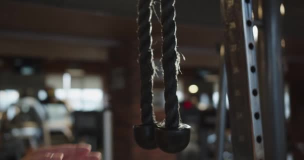 Close Athletes Hands Holding Ropes Gym Person Trains Upper Part — Stock video