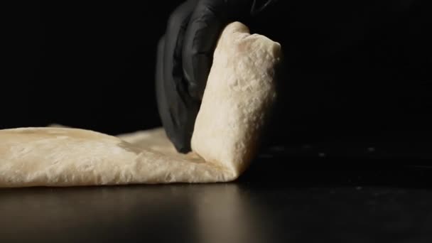 Preparation Meat Shawarma Lavash Hands Black Gloves Roll Pita Bread — Vídeo de Stock