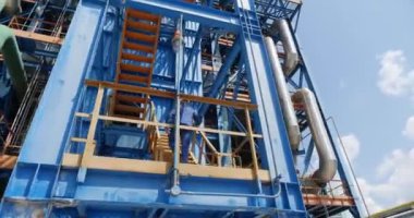 The Worker Rises On A High Metal Structure In Industrial Production. High quality 4k footage