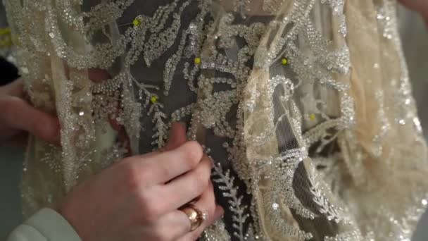 Woman Fashion Designer Who Creates Wedding Dress Exclusive Order Sews — Video Stock