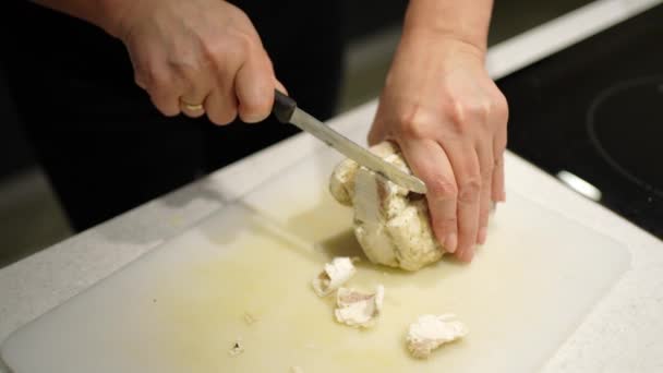 Close Woman Cutting Thin Slice Frozen Salted Lard Large Knife — Stock Video