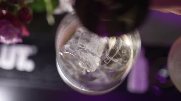 Super Slow Motion Detailed Shot Pouring Vodka Ice Cubes — Stockvideo