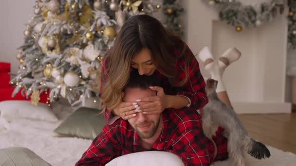 若い女の子と彼女の恋人はクリスマスのために家で休んでいる — ストック動画