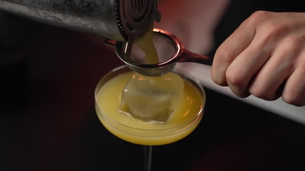 Bartender Prepares Colorful Cocktail Pouring Drink Shaker Glass Piece Ice — Vídeos de Stock