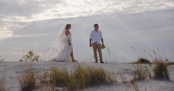 Newlyweds Beautiful Young Caucasian Bride Groom Walking Mountain Slope Wedding — Stok video
