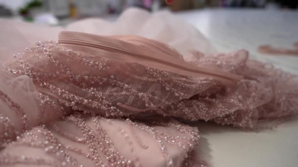 Designer Chooses Fabric Decorated Sequins Lock Ribbon Sew Festive Dress — Vídeo de Stock