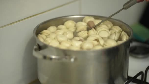 用开水把饺子放在锅里煮 — 图库视频影像