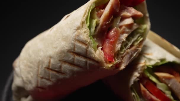Meat Shawarma Lavash Roll Pita Bread Filling Cheese Tomatoes Greens — Vídeos de Stock