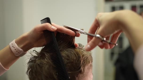 Master Taglia Capelli Barba Uomini Nel Barbiere Parrucchiere Acconciatura Giovane — Video Stock