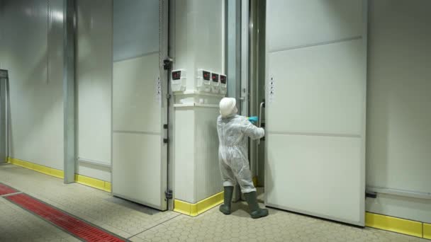 一个穿工作服的男人在一个储存肉类产品的巨大冰箱里调整温度 — 图库视频影像