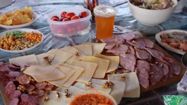 Pyszne Kiełbaski Różne Produkty Mięsne Daniach Jednorazowych Piknik Przyrodzie Wycieczka — Wideo stockowe