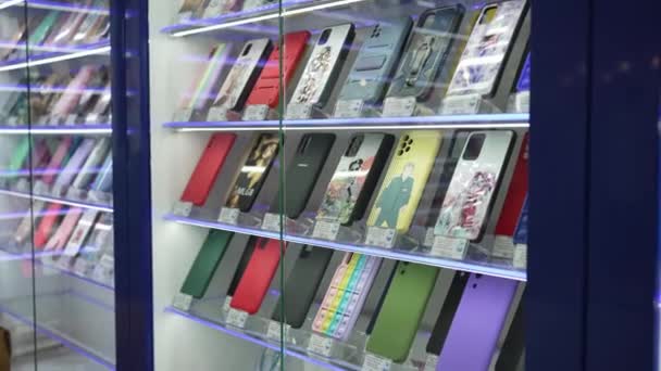 Cell Phones Smartphones Store Interior Showcase Apple Iphones Cases Accessories — Stock Video
