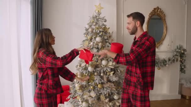 新年を楽しむ幸せな若いアクティブなカップル冬の休日は自宅のホールでクリスマスツリーの近くに屋内で踊ります エンターテイメントと趣味 クリスマスのお祝いのコンセプト — ストック動画
