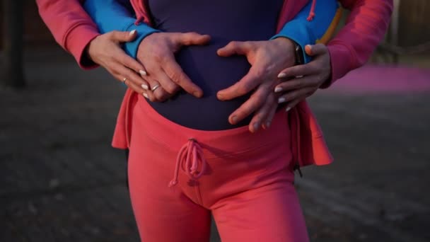 Αγαπημένος Σύζυγος Αγκαλιάζει Την Έγκυο Γυναίκα Του Από Πίσω Χαϊδεύει — Αρχείο Βίντεο