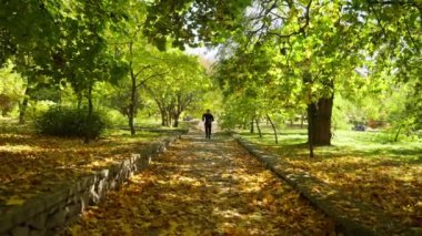 Yakışıklı genç bir adam sonbahar ormanında koşar. Sonbaharda güneşli sıcak bir gün