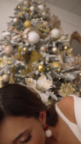 Young Couple Intimately Kissing Home Lying Floor Christmas Tree New — Stock Video