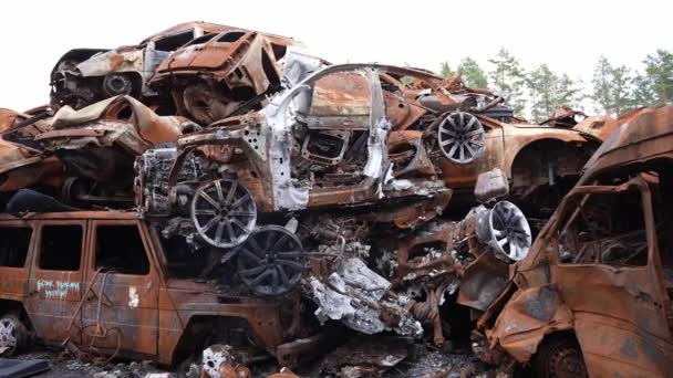 垃圾堆 废弃的汽车 汽车垃圾场 在垃圾场被毁的汽车不同的 生锈的车 — 图库视频影像