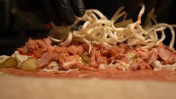 Chef Hands Black Gloves Put Cheese Doner Kebab Shawarma Lavash — Stock Video