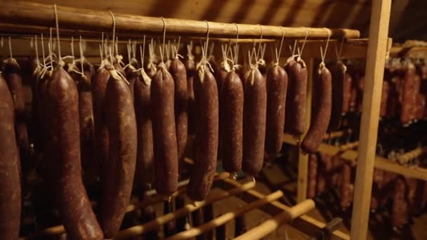 Carne Maiale Vitello Forma Una Salsiccia Asciuga Essiccatore — Video Stock