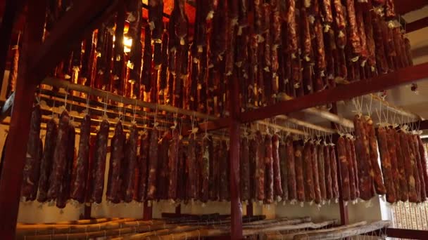 生牛肉猪肉配咸肉 用绳子捆扎 挂在烘干机上 储存在仓库里 工业肉类加工厂 生产技术 食品杂货 — 图库视频影像