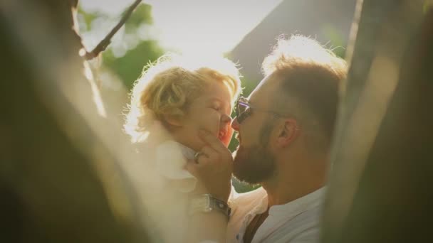 髭を生やした父親が子供にキスをし 太陽の光の下で腕を握っている 父という概念 — ストック動画