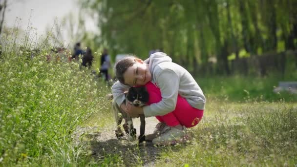 Μια Ζεστή Ηλιόλουστη Μέρα Ένα Κορίτσι Αγκαλιάζει Μια Αστεία Γάτα — Αρχείο Βίντεο