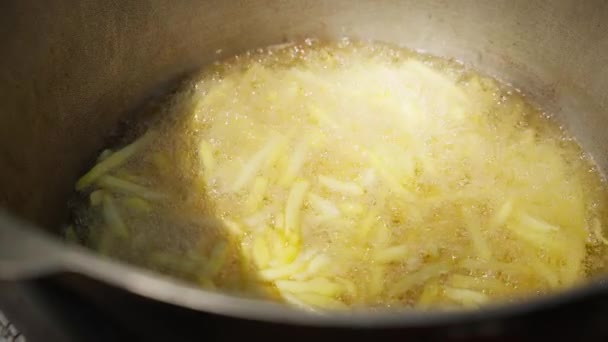 Närbild Pommes Frites Matlagning Fritös Knaprig Potatis Steks Varm Kokande — Stockvideo