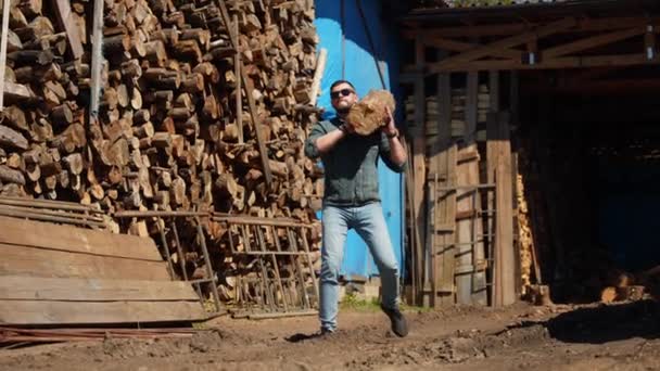 一个人把木头堆起来 一个人拿着一箱原木 捡起来 放在院子里 — 图库视频影像
