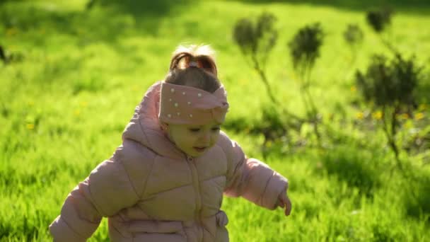Смешные Счастливые Дети Гуляющие Играющие Вместе Зеленой Лужайке Парке Солнечное — стоковое видео