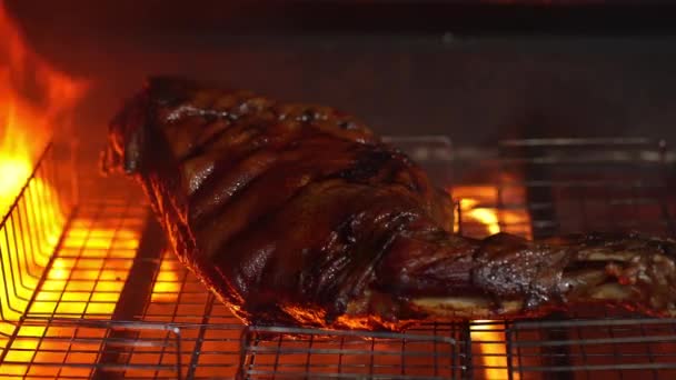 美味的牛排 热烧烤 油炸肉 用烤肉烤架把外面当作野餐时间做饭 — 图库视频影像