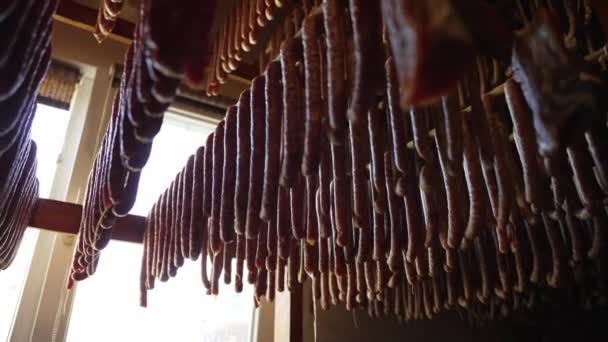 把生肉 牛肉和熏肉放在干燥的架子上 储存在仓库里 工业肉类加工厂 生产技术 食品和食品杂货 — 图库视频影像