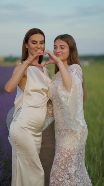 Két Fiatal Gyönyörű Lány Akik Hosszú Szexi Ruhákban Mosolyognak Szexi — Stock videók