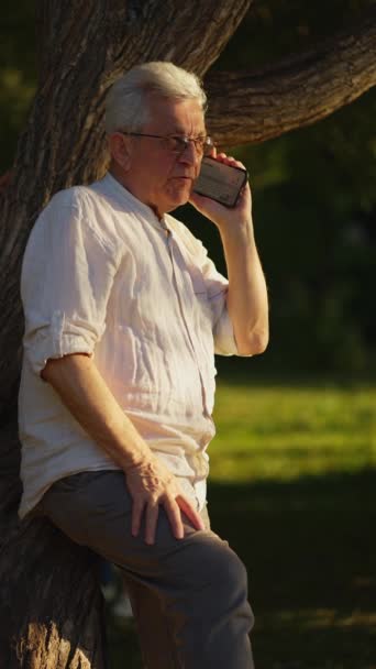 ヨーロッパの灰色髪の中年男性が屋外で電話で話しています メガネの男が木の近くに立って 携帯電話で話している — ストック動画